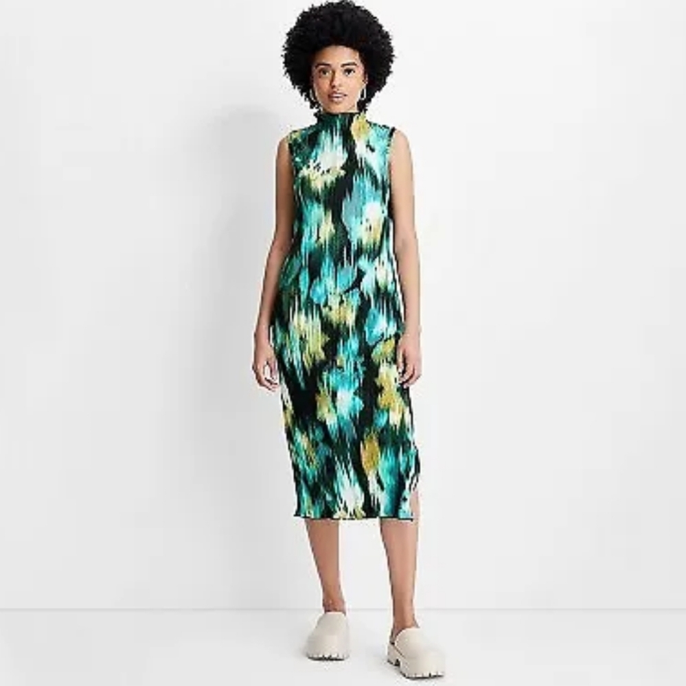 NWT Future Collective Sleeveless Watercolor Plisse' Midi Dress, M, Black…
